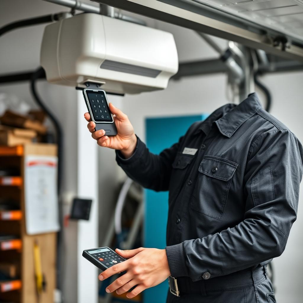 Uniformed garage door technician programming remote control for New Bern homeowner